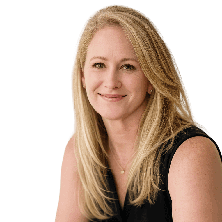 Professional woman with blonde hair smiling, representing business success and franchising opportunities with Intelligent Office.