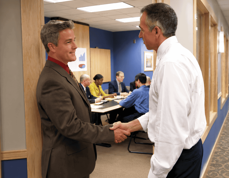 Business professionals shaking hands in a corporate office setting during a franchise support meeting.